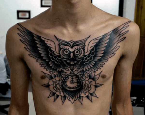 Mens Black Ink Owl Traditional Upper Chest Tattoos