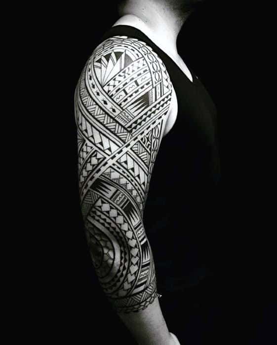 Mens Black Ink Polynesian Half Sleeve Tribal Tattoo Design Ideas
