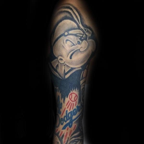 Mens Black Ink Popeye Arm Tattoo For Gentlemen