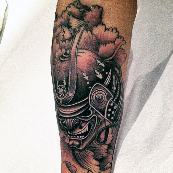 Mens Black Ink Samurai Mask Shaded Forearm Tattoo