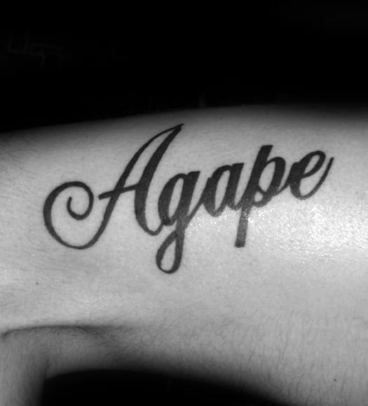 Mens Black Ink Script Agape Lettering Tattoo On Arm