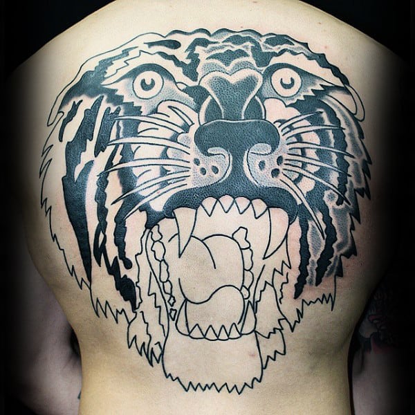 Mens Black Ink Shaded Traditional Back Tiger Tattoos