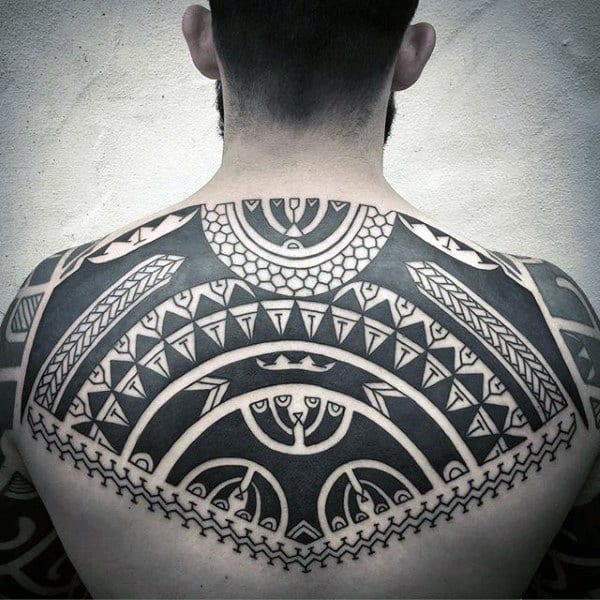 Mens Black Ink Shoulder And Back Tribal Tattoos