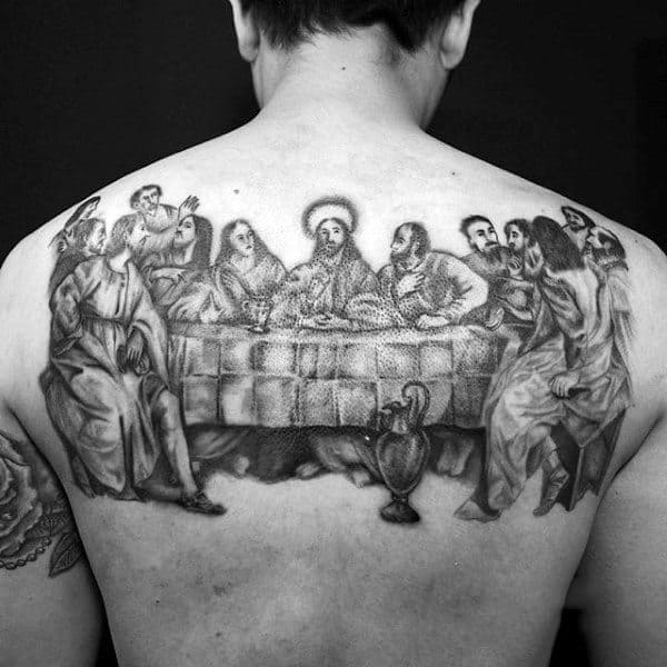 Mens Black Ink Sketched Last Supper Tattoo