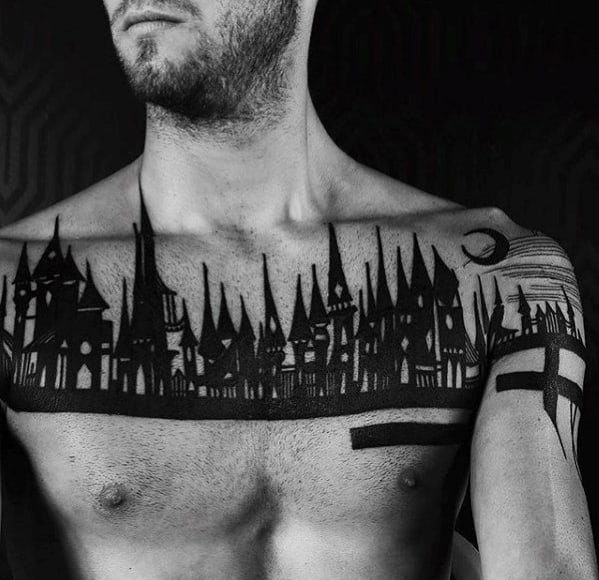 Mens Black Ink Skyline Upper Chest Tattoo Ideas