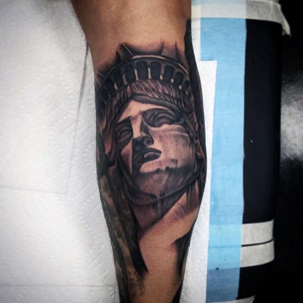Mens Black Ink Statue Of Liberty On Bicep