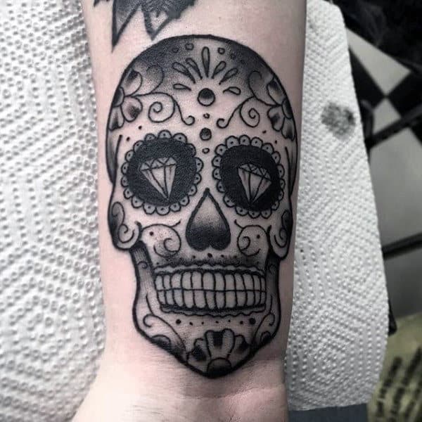 Mens Black Ink Sugar Skull Wrist Tattoo Ideas