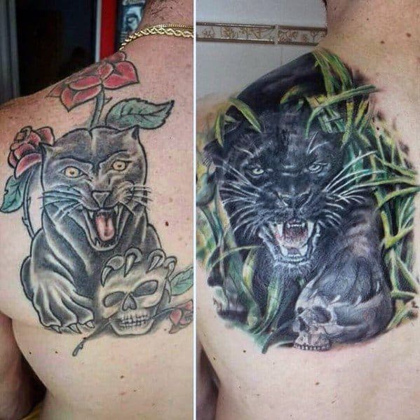 Mens Black Jaguar Tattoo Cover Up Ideas On Back Shoulder Blade