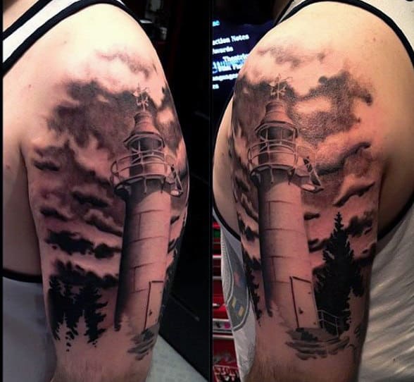 Mens Black Lighthouse Tattoo With Clouds On Arm