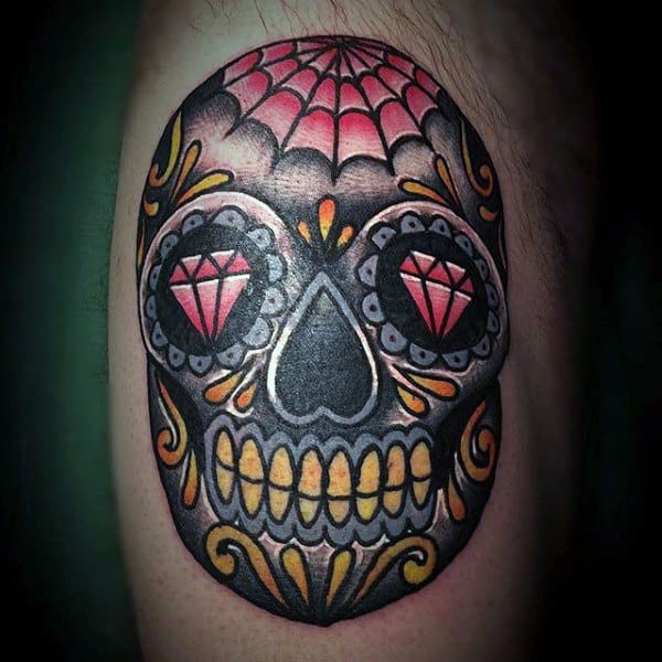 Mens Black Red And Yellow Ink Sugar Skull Bicep Tattoo