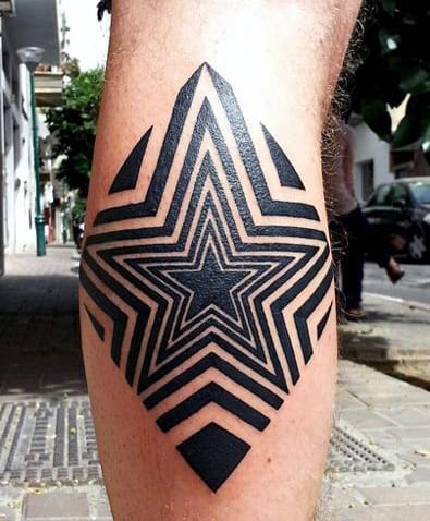 Geometric star tattoo with black lines on leg