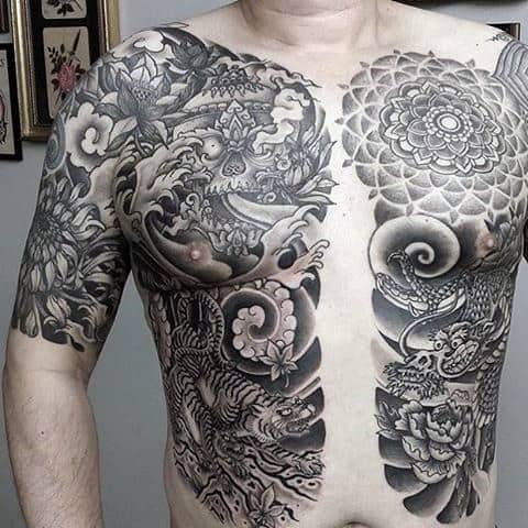 Men's Black Tiger Tattoos On Chest