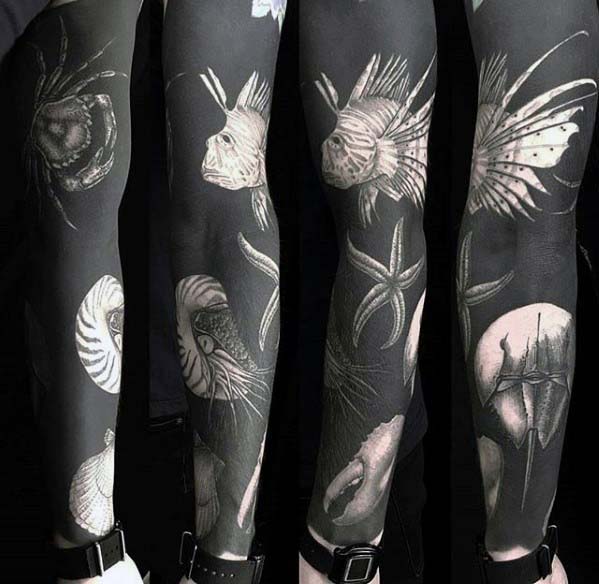 Mens Blackwork Negative Space Ocean Sleeve Tattoo