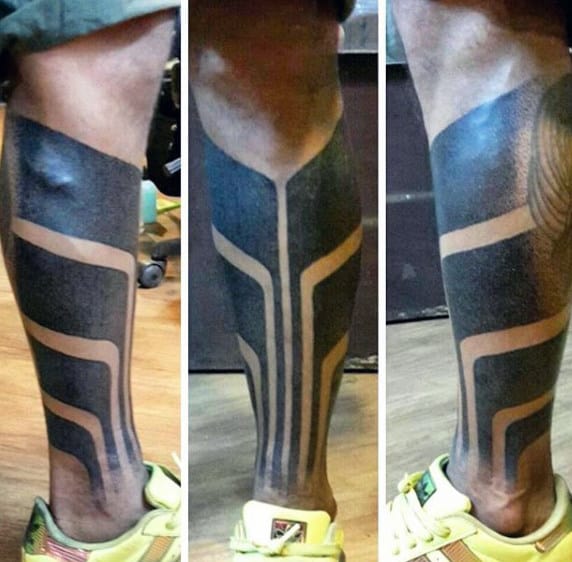 Mens Blackwork Tribal Shin Tattoos