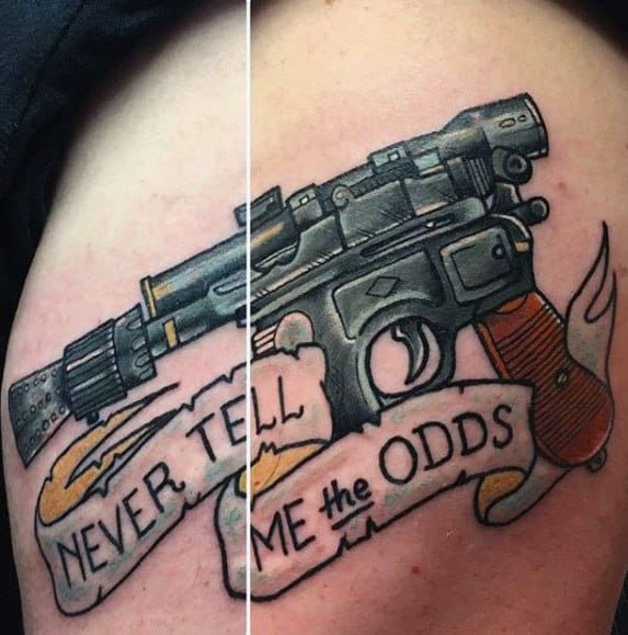Mens Blaster Pistol Never Tell Me The Odds Banner Han Solo Tattoo Ideas On Thigh