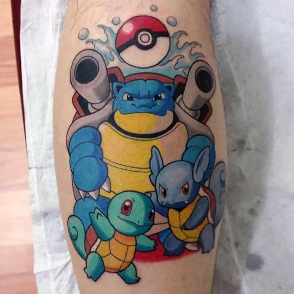 Bright and bold tattoo of Squirtle, Wartortle, and Blastoise with a Poké Ball and water splash, showcasing the full evolution line.