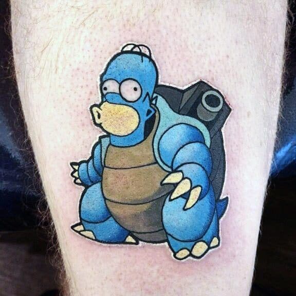 Funny mashup tattoo of Blastoise with Homer Simpson's face, combining Pokémon power with a humorous cartoon twist.