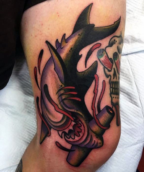 Mens Bleeding Shark Traditional Thigh Tattoo