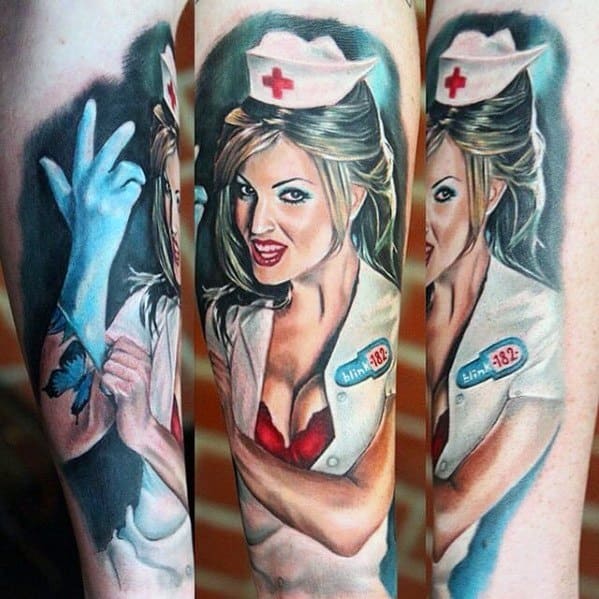 Colorful tattoo of a nurse with the Blink-182 logo on her name tag, wearing a white nurse outfit and blue gloves, with expressive eyes and a playful pose, capturing a vibrant, stylized look.