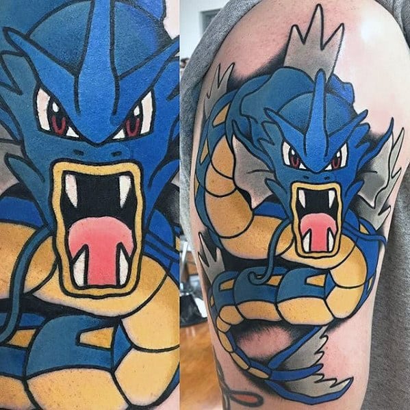 Mens Blue And Yellow Gyarados Pokemon Arm Tattoo