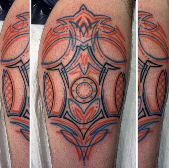 Mens Blue Black And Orange Pinstripe Leg Tattoos