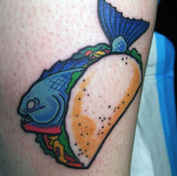 Mens Blue Fish Taco Tattoo On Arm
