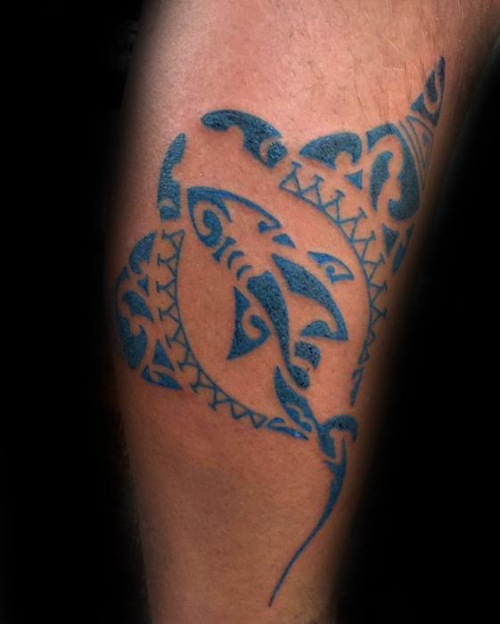 Mens Blue Ink Tribal Manta Ray Leg Tattoo Design Ideas