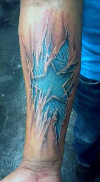 Mens Blue Ripped Skin Star Tattoo On Wrist
