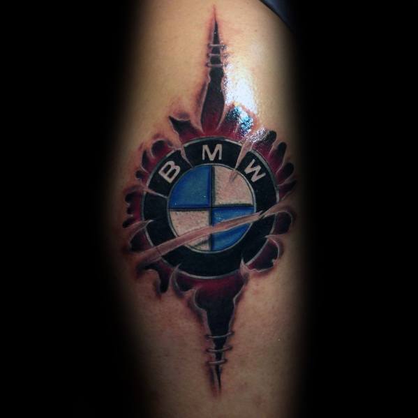 Bold BMW logo tattoo with a ripped skin effect, featuring deep shading and 3D details for a striking automotive-inspired design.