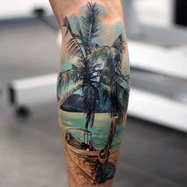 Mens Boat Tied To Palm Trees Tattoo On Legs