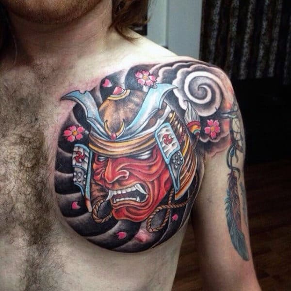Mens Bold Samurai Mask On Stormy Background Chest Tattoo
