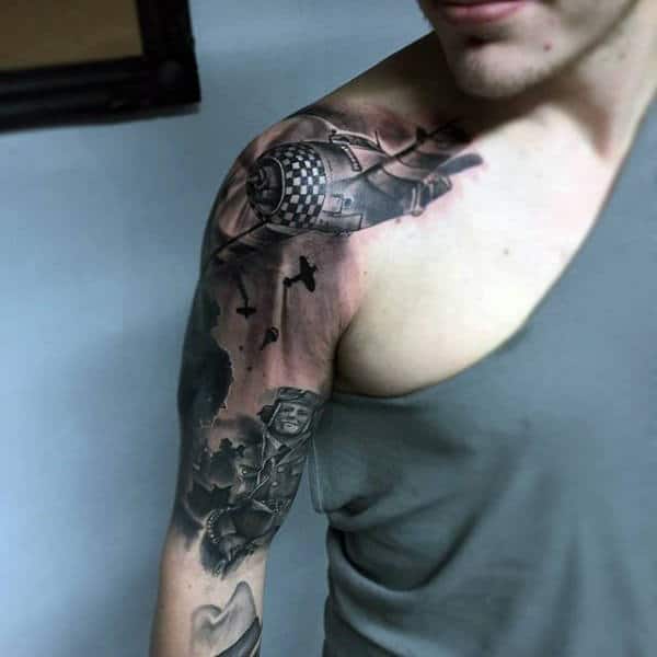 Mens Bomber Plane Army Half Sleeve Tattoo