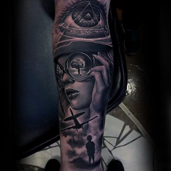 Mens Bomber Plane Female Portrait Inner Forearm Tattoo Ideas