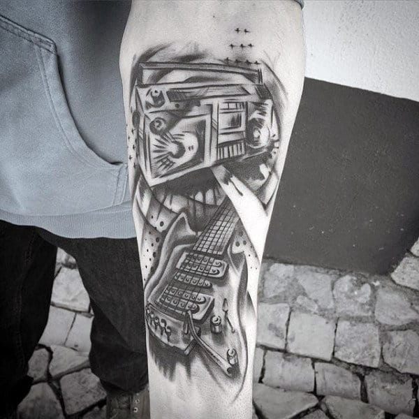 Mens Boombox With Guitar Watercolor Inner Forearm Tattoo