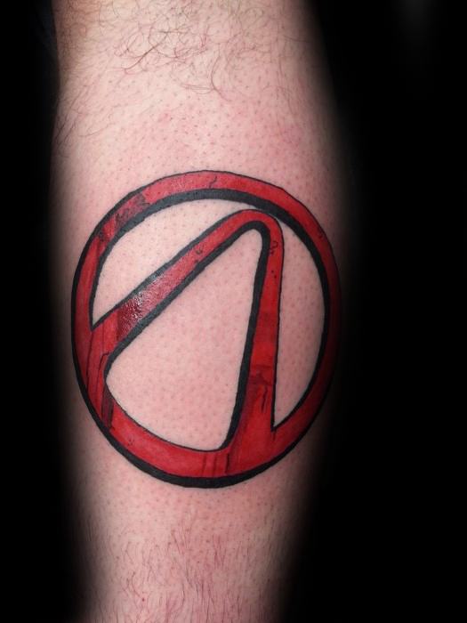 Classic Borderlands logo tattoo in bold red with black outline and subtle shading for a comic-style finish.