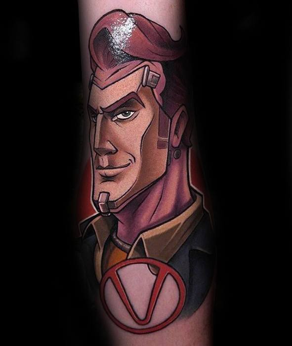 Vibrant neo-traditional tattoo of Handsome Jack from Borderlands, featuring bold colors, clean lines, and the signature Vault symbol below.