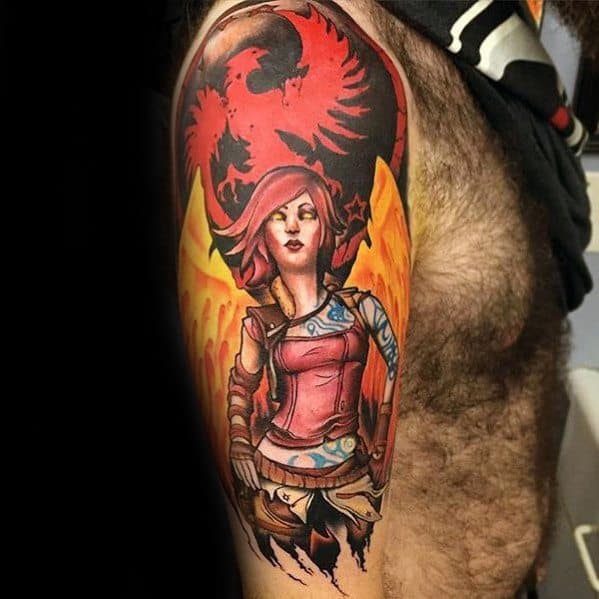 Vibrant tattoo of Lilith from Borderlands with fiery wings and a red phoenix behind her, symbolizing her power and iconic Siren energy.