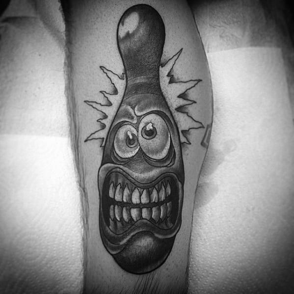Mens Bowling New School Pin Cartoon Style Tattoo On Leg