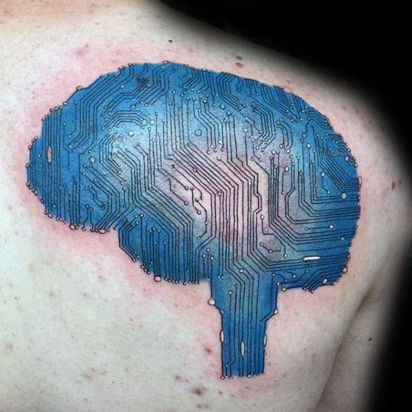 Mens Brain Circuit Board Back Tattoo With Blue Shaded Ink