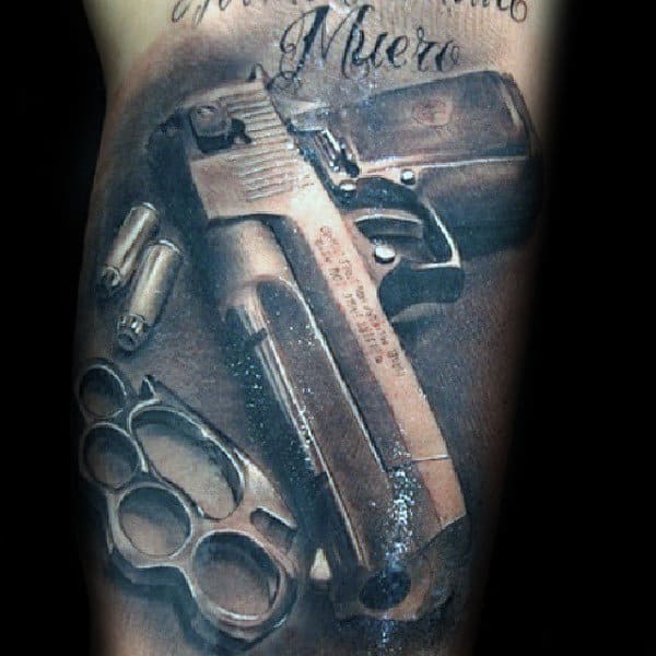 Mens Brass Knuckles Pistol Realistic 3d Arm Tattoo