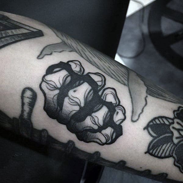 Mens Brass Knuckles Skeleton Hand Forearm Tattoo