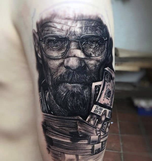 Mens Breaking Bad Walter White With Cash Upper Arm Tattoo