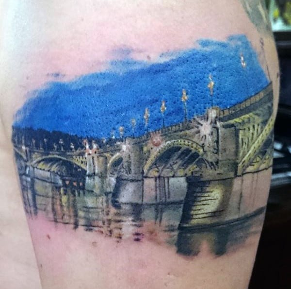 Mens Bridge At Night Reflection Quarter Sleeve Tattoo