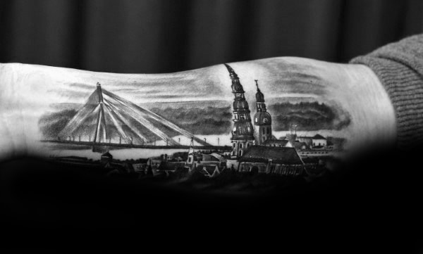 Mens Bridge With Historic Buildings Inner Forearm Tattoo Design Ideas