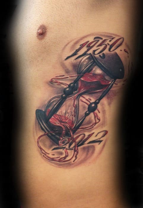 Mens Broken Hourglass Memorial Rib Cage Side Tattoo