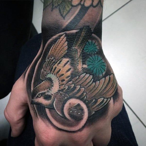 Mens Brown Feather Sparrow Tattoo On Hands