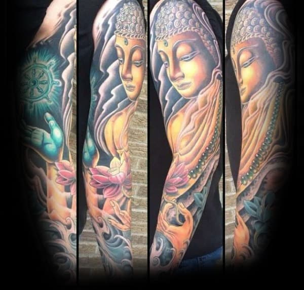 Mens Buddha Dharma Wheel Tattoo Full Sleeve