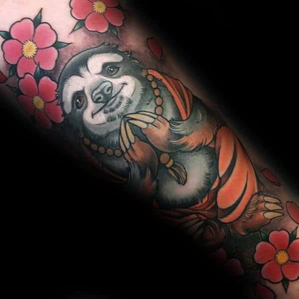 Mens Buddha Sloth With Flowers Forearm Tattoo Design Ideas