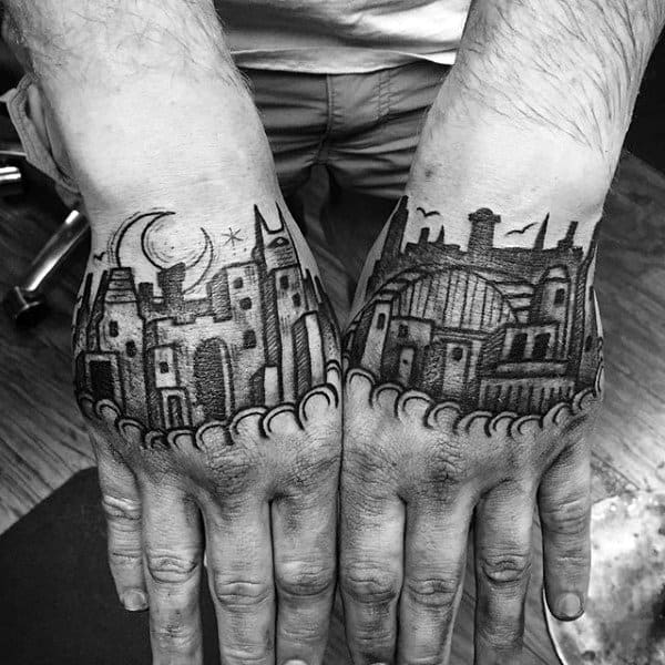 Mens Building Hand Tattoos With Old School Design