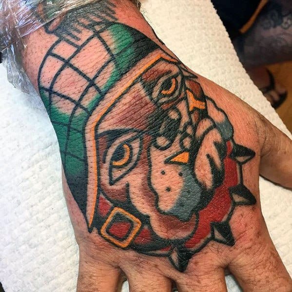 Mens Bulldog Hand Tattoo With Old School Traditional Design